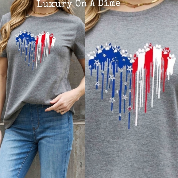 100% Cotton Paw-Print US American Flag Heart Graphic Short-sleeve Tee Shirt - Picture 3 of 8
